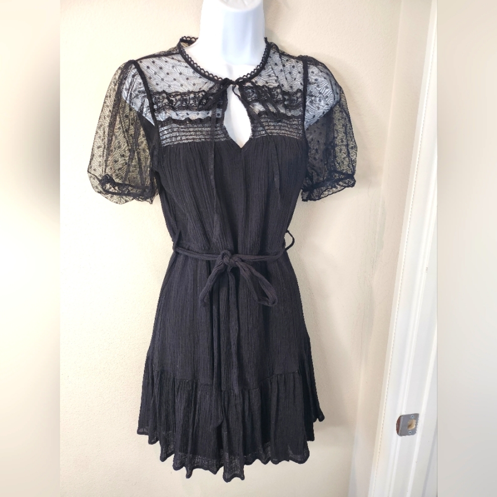 Puff Sleeve Mesh Dots Little Black Dress Medium